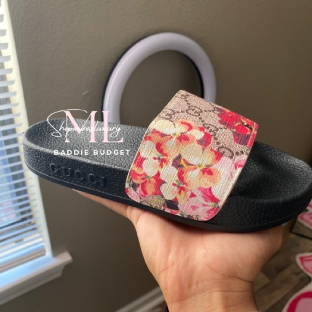Gucci Kids Floral Slide Sandals - Black and Pink